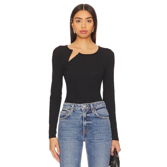 Skin Women's 3 Black Nan Asymmetrical Henley Thong Bodysuit Long Sleeve A12-4 - Picture 1 of 8